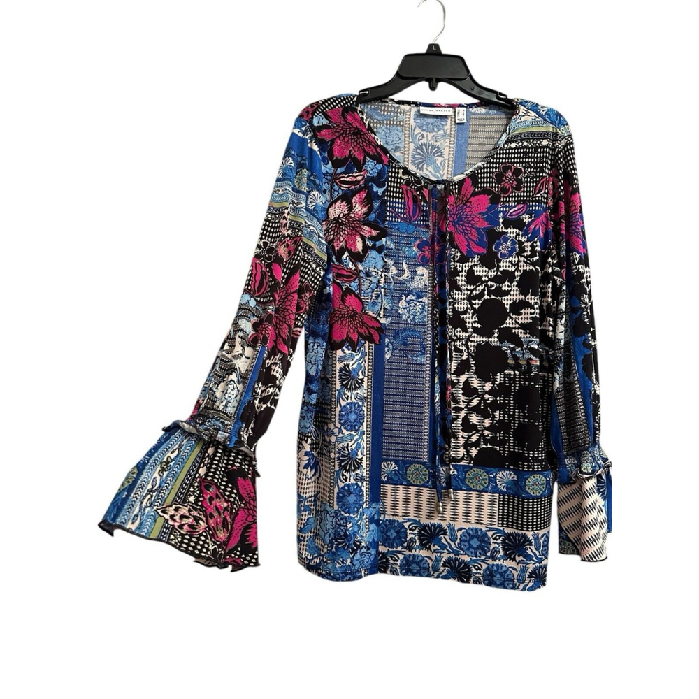 Susan Graver Floral Peasant Tunic Blouse Womens Medium Long Bell Sleeves Tassels